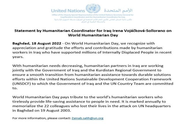 Statement by Humanitarian Coordinator for Iraq Irena Vojáčková-Sollorano on World Humanitarian Day