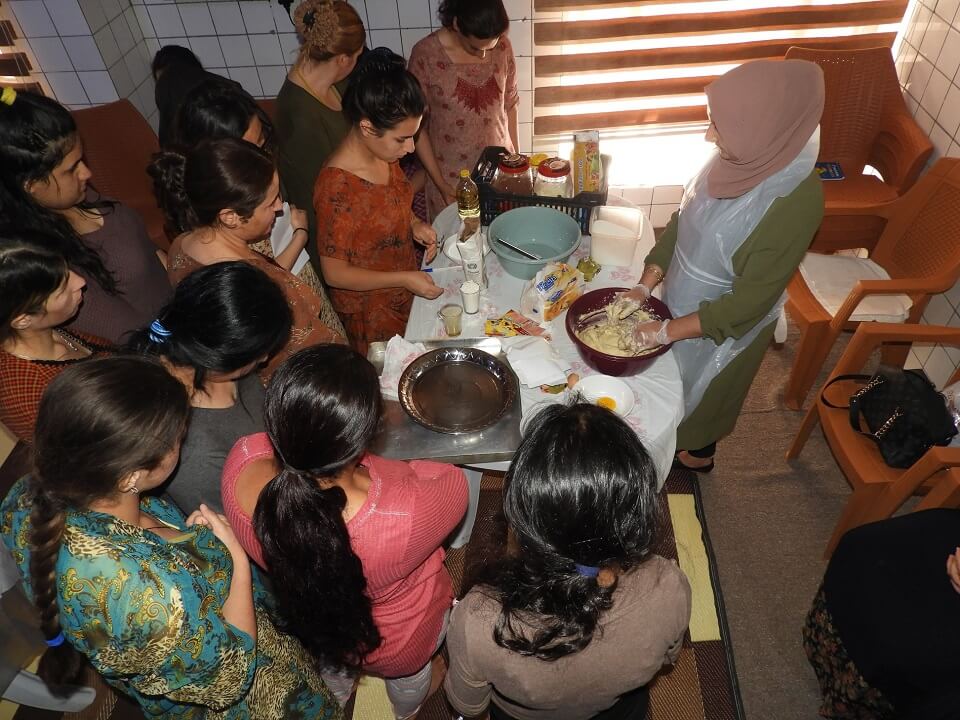 Gender-based violence survivors take part in a pastry training workshop organized by the Ministry of Labour and Social Affairs in the Kurdistan Region of Iraq in a women shelter