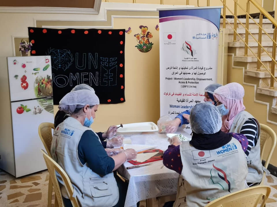 A group of beneficiary women are trained in cooking skills in Kirkuk Governorate. Photo: Courtesy of Women leadership Institute