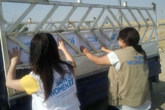 UN Women Iraq visit an IDP camp to distribute kits to women and girls who have been displaced from Mosul. UN Women/Bernice Rumala