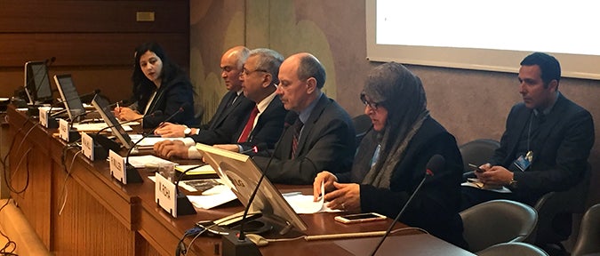 Photo: (L:R) Hiba Qasas, Chief of Crisis Preparedness, Prevention and Response at UN Women Geneva; Ambassador Mu'ayad Salih, Iraq's Permanent Representative to the United Nations in Geneva; Waleed Al-Hilli, Iraqi human rights activist; Rudolf Müller, the Deputy Director of the United Nations Office for the Coordination of Humanitarian Affairs (OCHA) in Geneva; and Maha Ridha, human rights activist and head of office for Empowering Women at the AI Kho’s Foundation at the Human Rights Council side-event on “The impact of terrorism on the rights of women'.  Photo credit: UN Women/Fatima Sator 